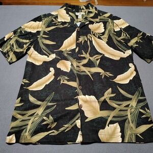 Caribbean Joe Shirt Men L Black Floral Short Sleeve Rayon Island Tropical